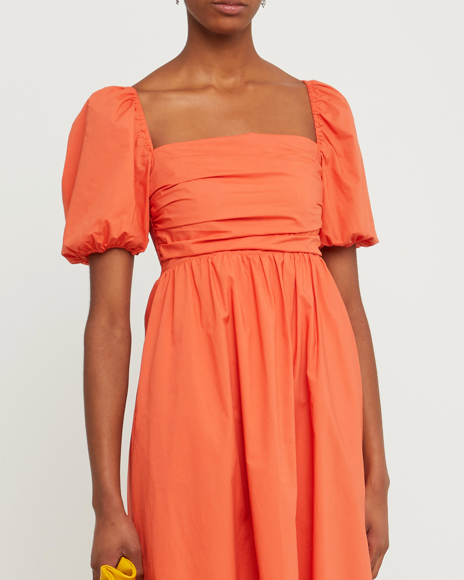 Fifth image of River Dress, a orange midi dress, square neckline, short puff sleeves, gathered bodice