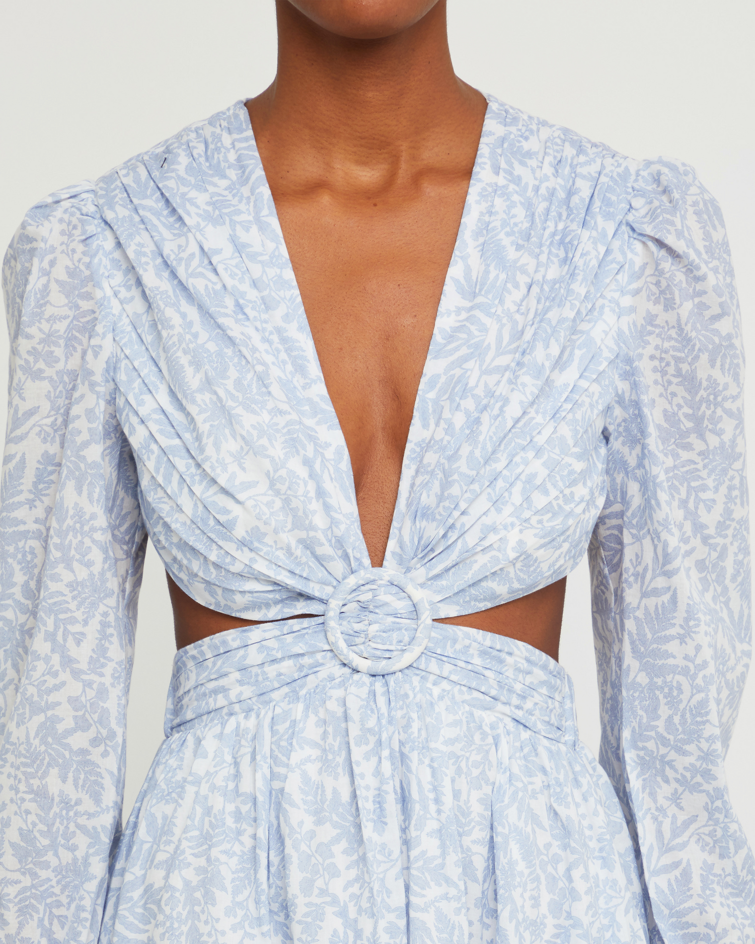 Sixth image of Kimia Cotton Dress, a blue maxi dress, open back, cut outs, V-neck, plunge, floral, long sleeves, puff sleeve