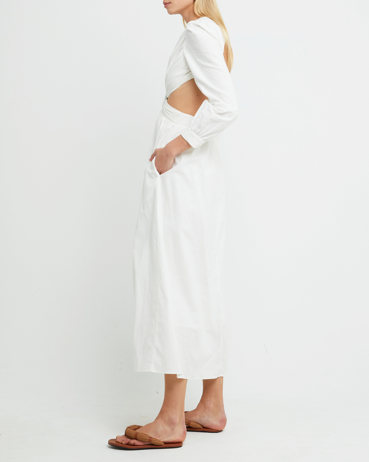 Third image of Kimia Dress, a white maxi dress, belt, cut out, open back, long sleeves, V-neck, plunge
