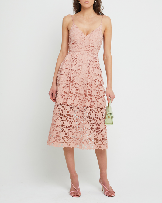 First image of Arabella Dress, a pink modern lace midi-length bridesmaid dress with deep v-neckline, inner lining, adjustable straps, and a back zipper