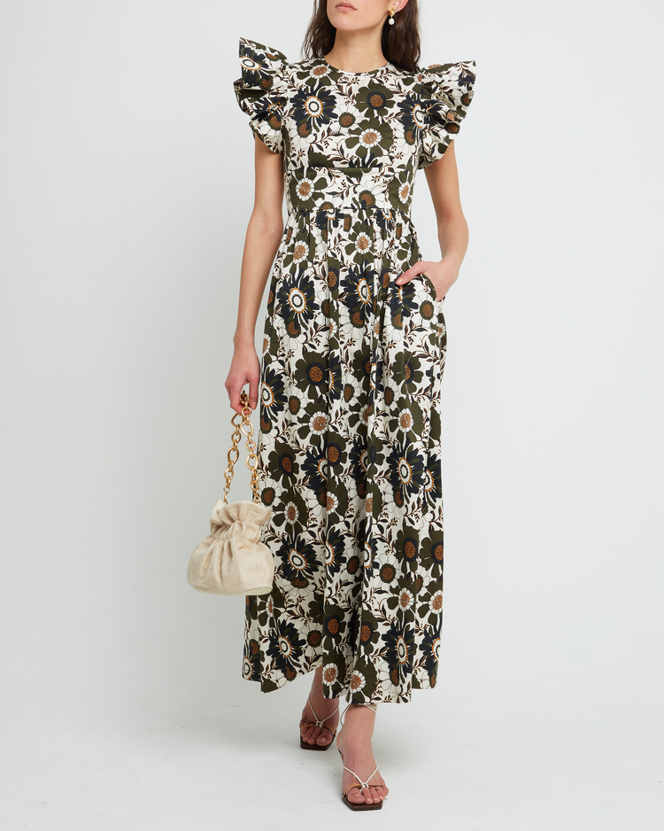 Fourth image of Martinelli Dress, a white maxi dress, ruffle cap sleeves, pockets, floral print, bold, high neck