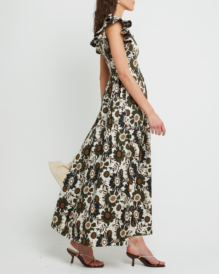 Fifth image of Martinelli Dress, a white maxi dress, ruffle cap sleeves, pockets, floral print, bold, high neck