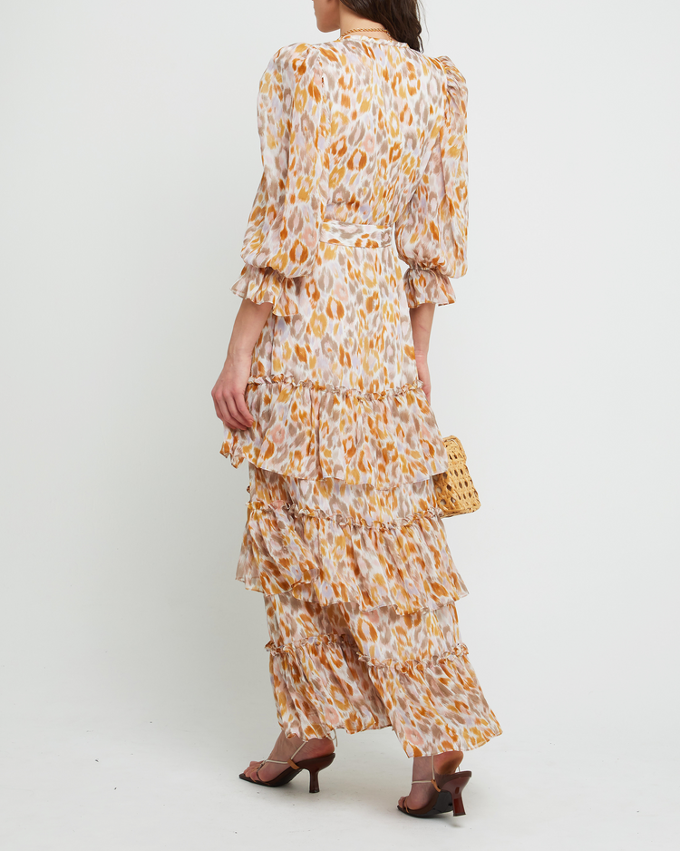 Second image of Killian Dress, a  maxi dress, V-neck, chiffon, ruffle, floral, slit, long sleeve, sheer, lined