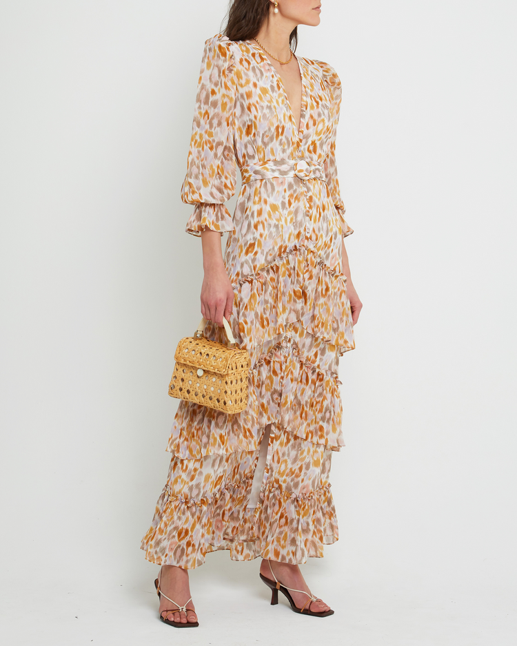 Fourth image of Killian Dress, a  maxi dress, V-neck, chiffon, ruffle, floral, slit, long sleeve, sheer, lined