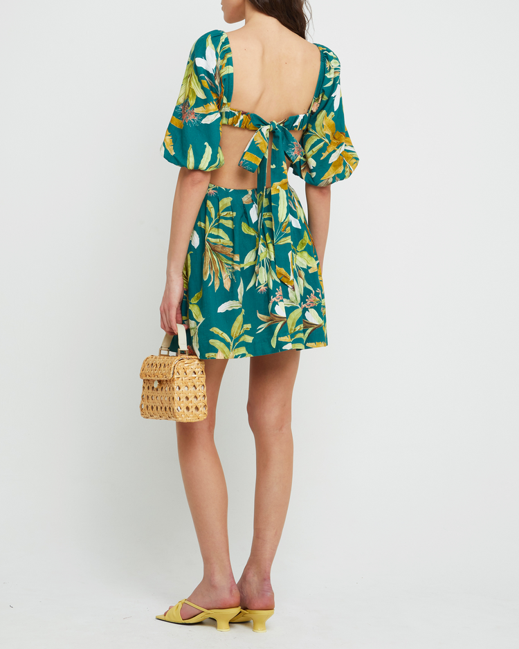 Second image of Luciana Dress, a green mini dress, tropical, puff sleeves, square neckline