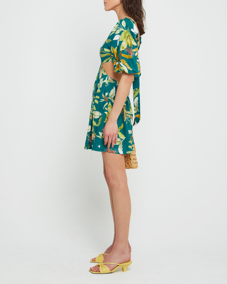 Third image of Luciana Dress, a green mini dress, tropical, puff sleeves, square neckline