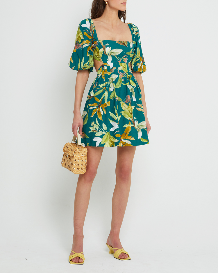 Fourth image of Luciana Dress, a green mini dress, tropical, puff sleeves, square neckline