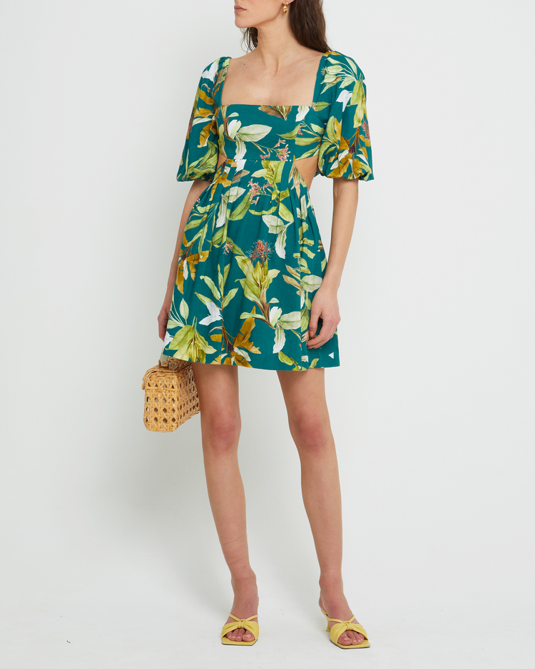 Fifth image of Luciana Dress, a green mini dress, tropical, puff sleeves, square neckline
