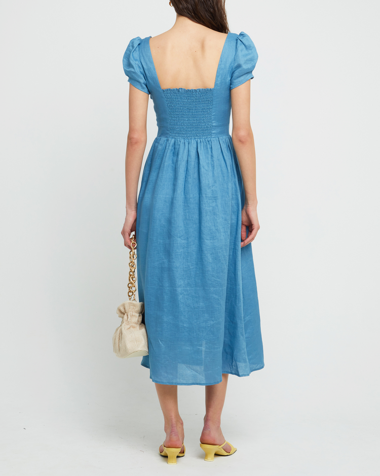 Second image of Ryder Dress, a blue maxi dress, button up, bodice detail, short sleeves, cap sleeves