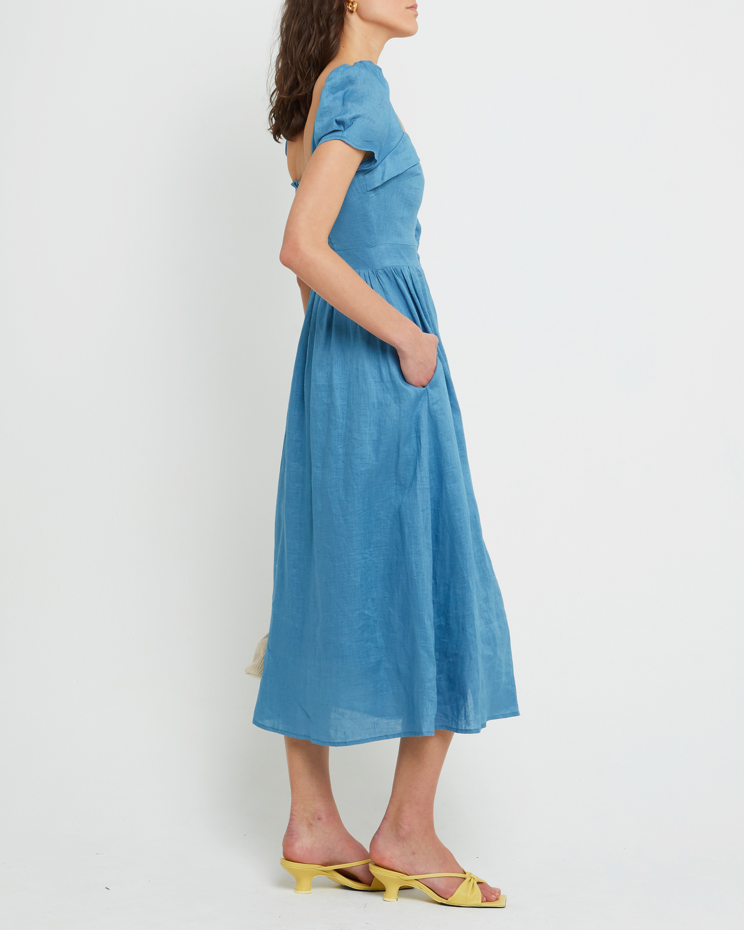 Third image of Ryder Dress, a blue maxi dress, button up, bodice detail, short sleeves, cap sleeves