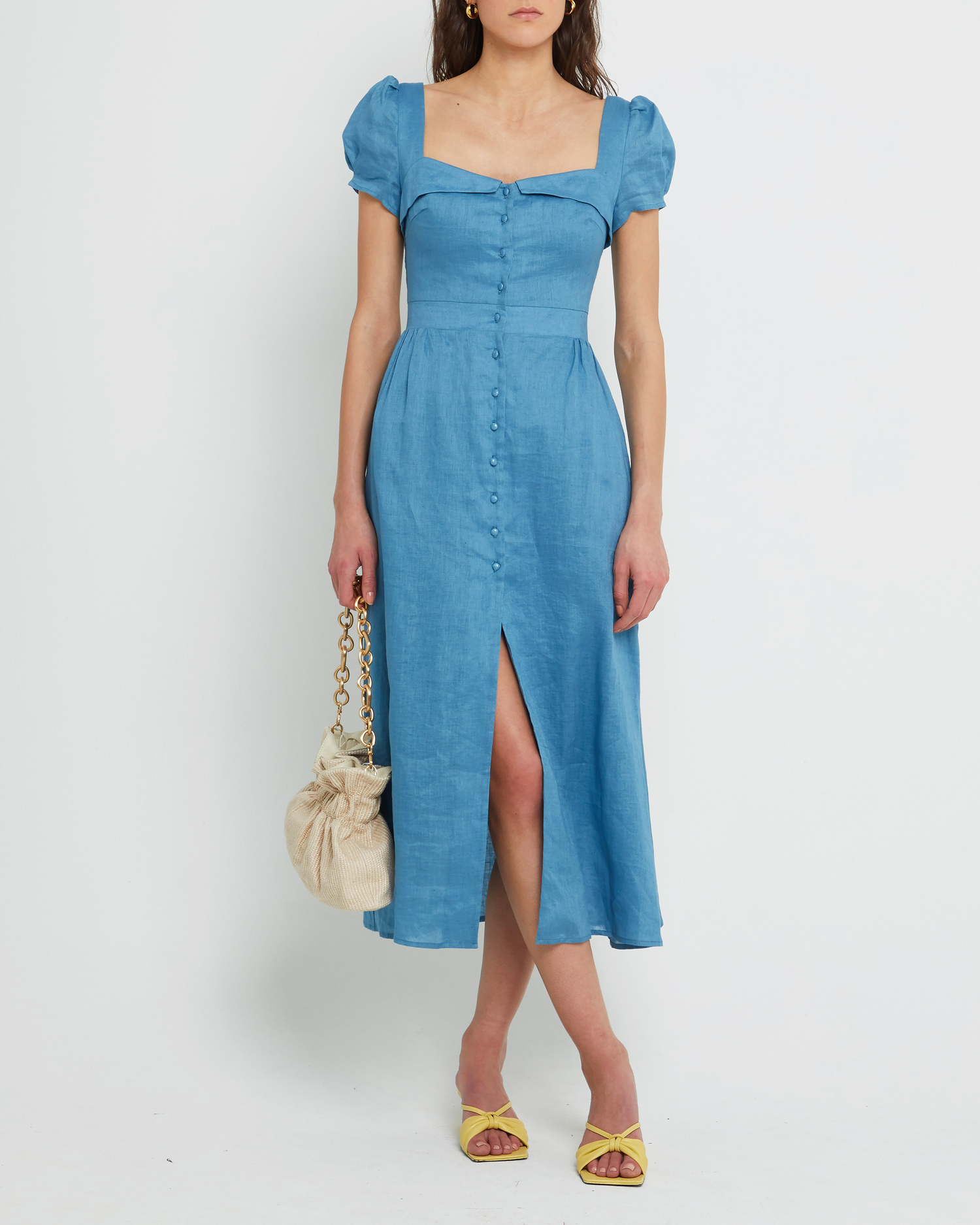 Fourth image of Ryder Dress, a blue maxi dress, button up, bodice detail, short sleeves, cap sleeves
