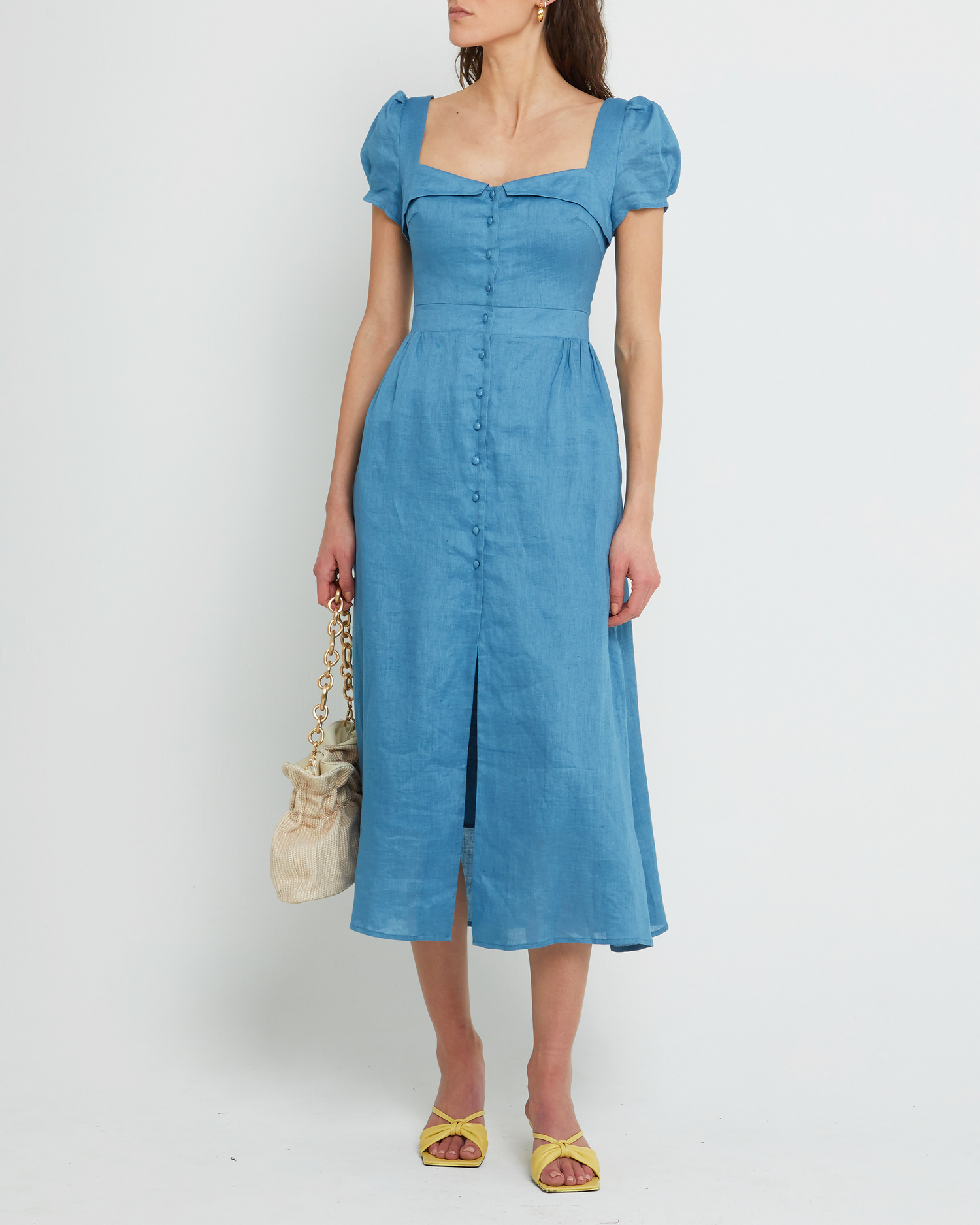 Fifth image of Ryder Dress, a blue maxi dress, button up, bodice detail, short sleeves, cap sleeves