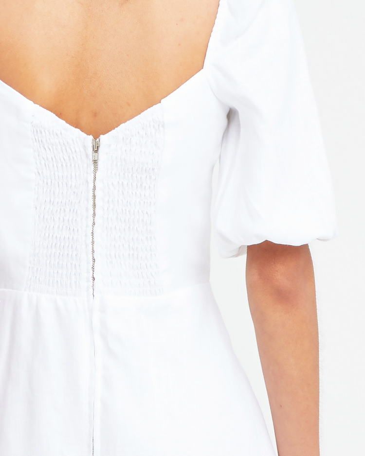 Sixth image of Violetta Midi Dress, a white midi dress, sweetheart neckline, short sleeves, puff sleeves, side slit